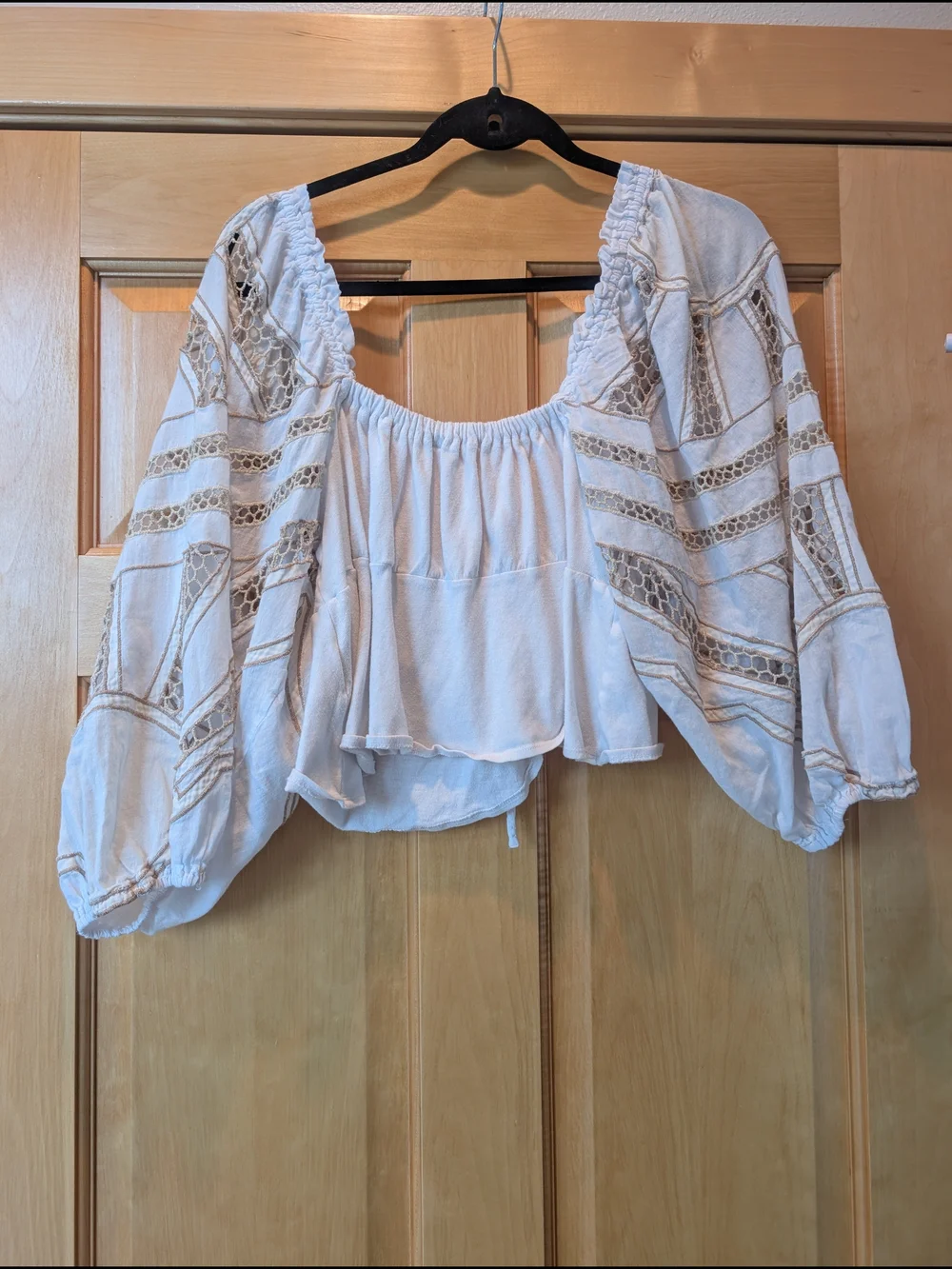 Free People White Crop Tie-Front Top with Crochet-Pattern Sleeves